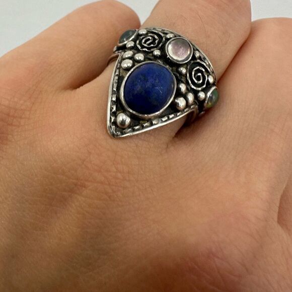 Vintage Sterling Silver 925 Moonstone & Lapis Unusual Intricate Ring Size 5.5 - Picture 10 of 14